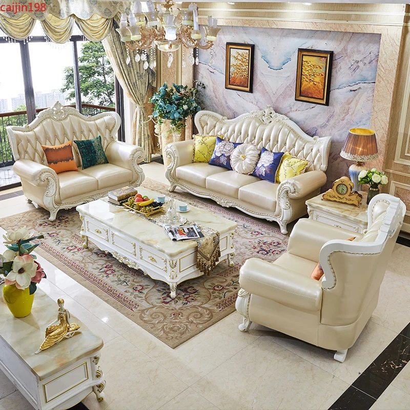

CJ European home furniture living room 123 combination solid wood leather simple European small family villa retro modern