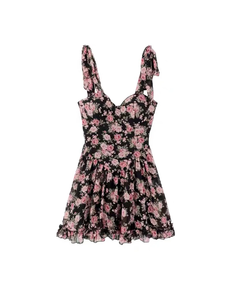 

Woman Dreess Chic Flower Print Sweet Bow Spaghetti A-Line Sexy Slim Backless Sleeveless V-neck Mini Dresses