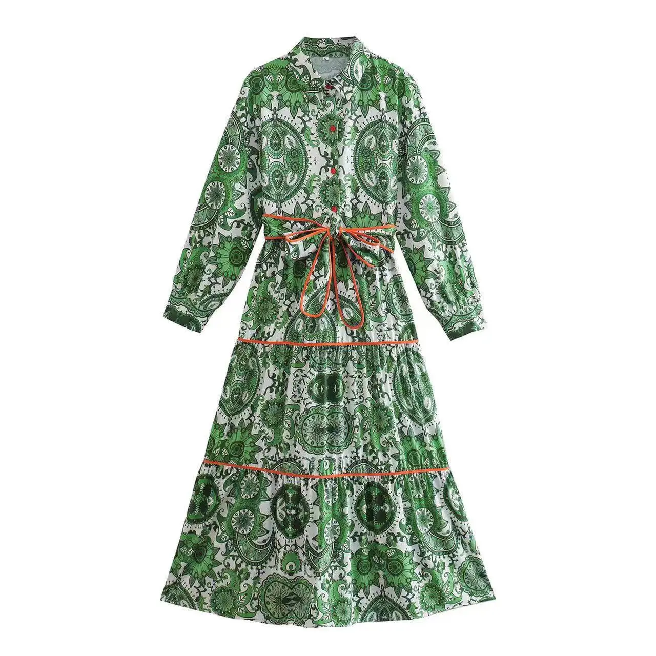 

SuperAen 2022 Summer New Fashion Turn Down Collar Shirt Color Belt Big Swing Printing A-LINE Mid-Calf Casual Woman Dress