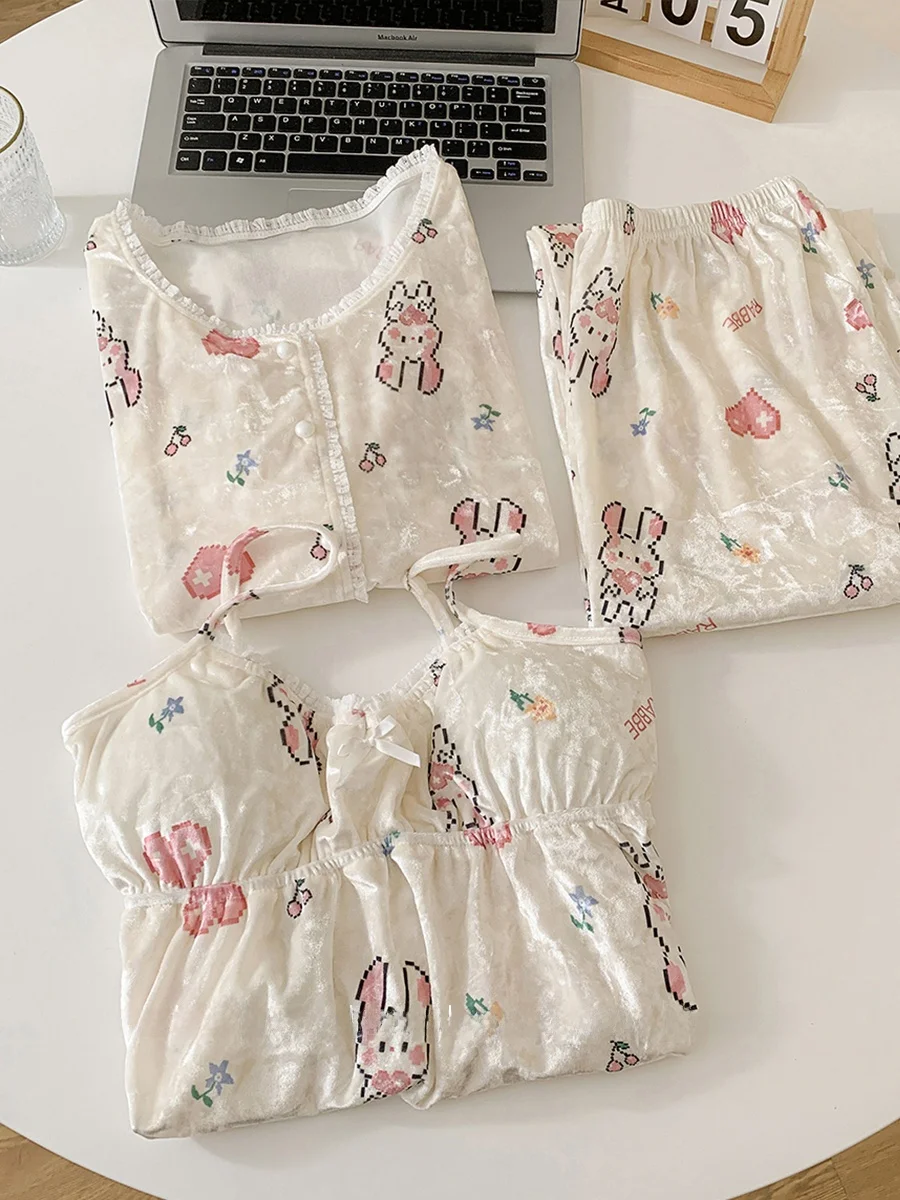 Pure Desire Sle Ins Sweet Cute Rabbit Gold Velvet Pajamas With Chest Pad One Autumn and Winter Home Wear Three-Piece Set