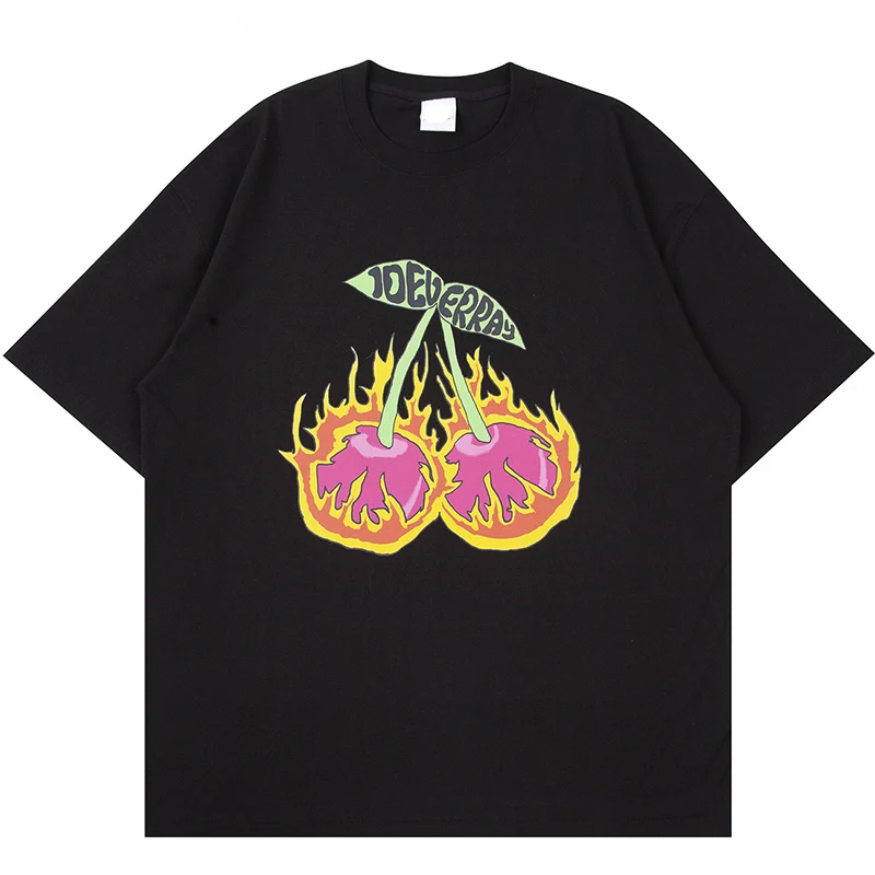

Women T Shirt Hip Hop Streetwear Tops Cherry Fire Flame Letter Printed Tshirt Harajuku Summer Short Sleeve T-Shirt Y2k Clothes