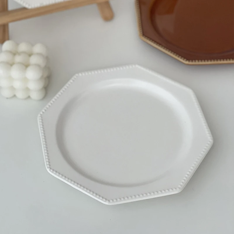 

Assiette Noel Retro Dinner Plate Solid Color Octagonal Pearls Breakfast Round Household Pasta Underglaze Ceramic Tray