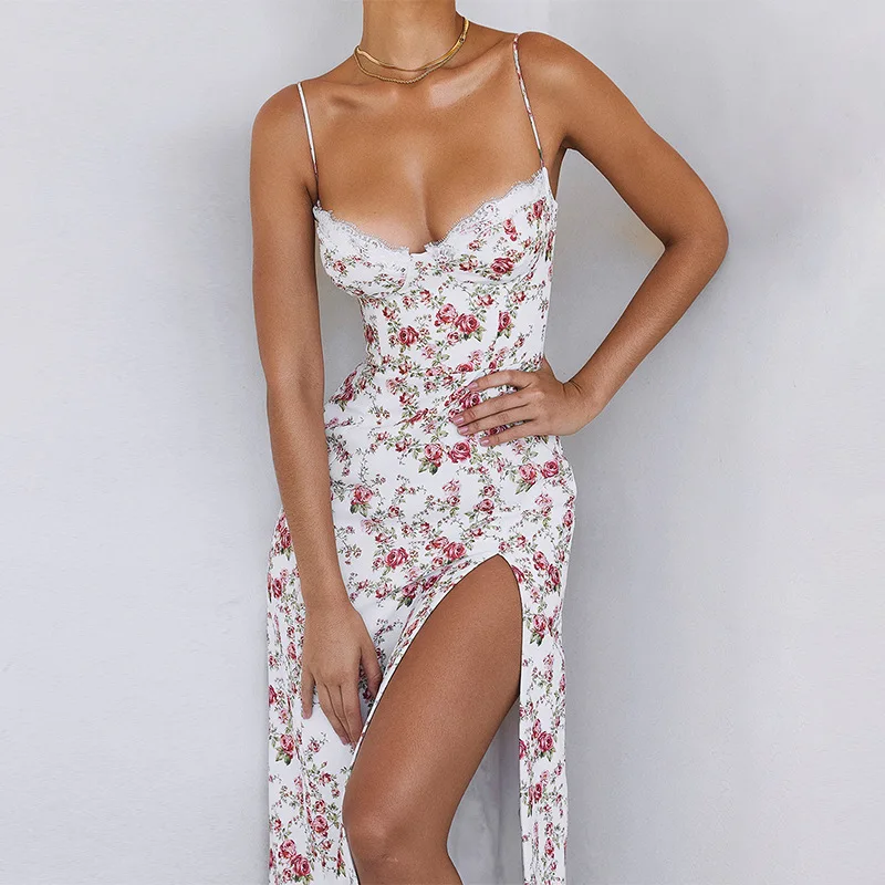 

Fashion Floral Print High Street Dress Lady Sleeveless Slim Suspender Dress Elegant Casual Backless Slit Sling Party Dress Mujer