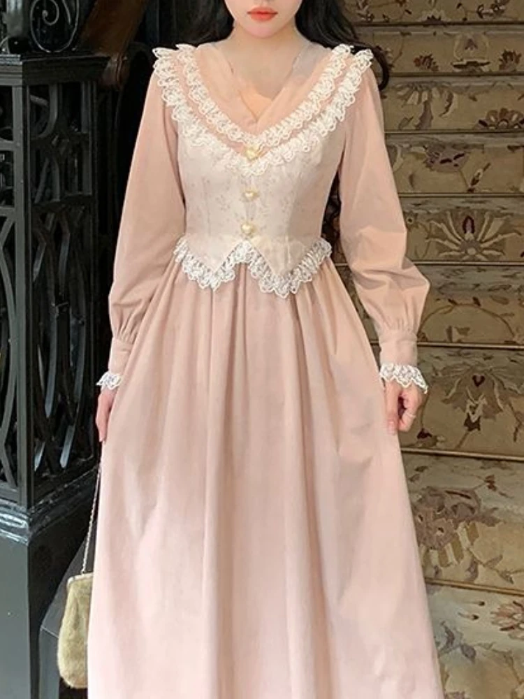 

Женское винтажное платье с длинным рукавом, повседневное элегантное платье средней длины из французского розового кружева с имитацией двух частей в стиле принцессы, модель 2023 года