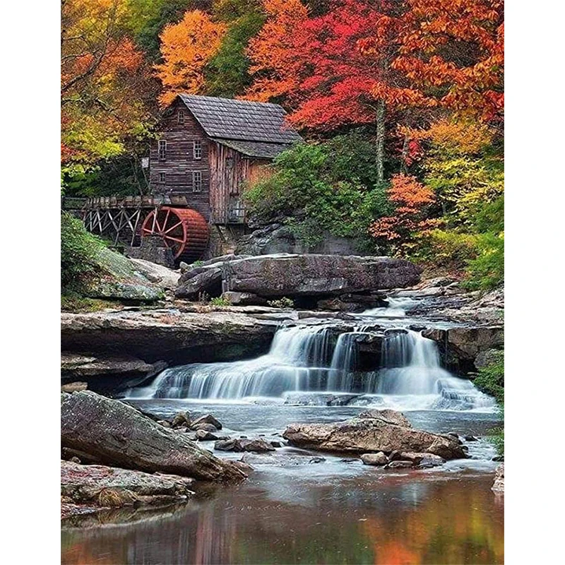 

5D Hut Scenery Diamond Painting Forest Stream Full Square Drill Mosaic Diamond Mountain Embroidery Art Home DIY Decoration Gift