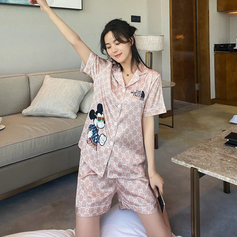 

Disney Cartoon Ice Silk Summer Ladies Pajamas Mickey Mouse Short-sleeved Shorts Suits Can Be Worn Outside Thin Home Clothes