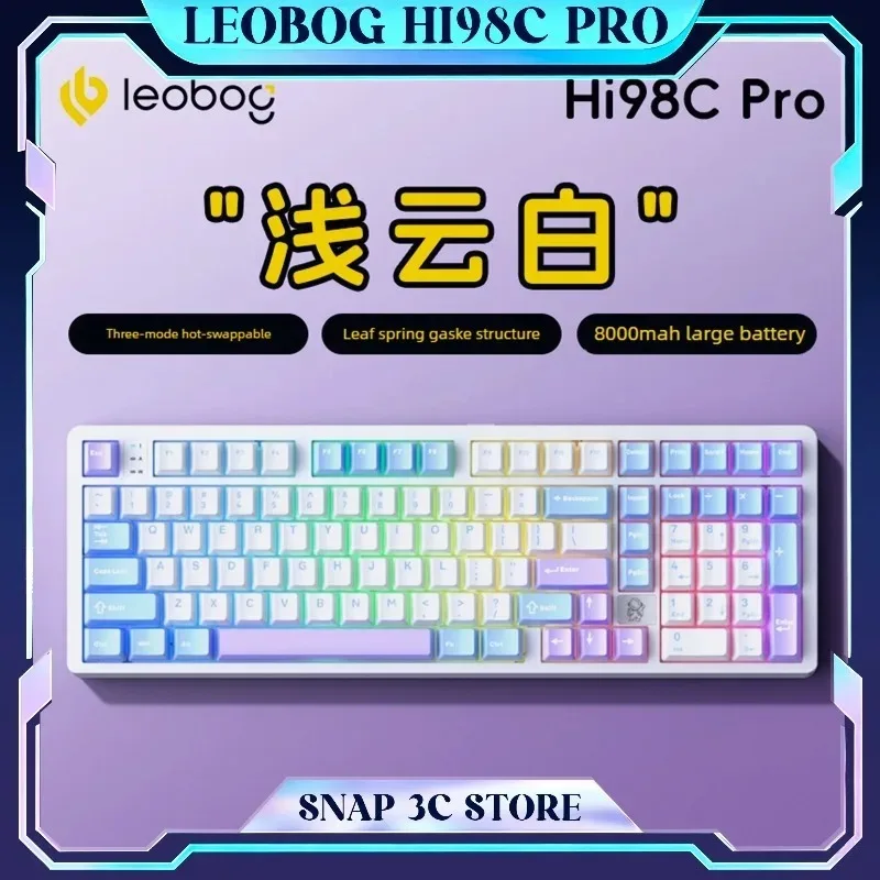 Фото Механическая клавиатура LEOBOG Hi98C Pro, полностью алюминиевая, 98 клавиш, три режима подключения (беспроводной, Bluetooth, 2.4G), с возможностью горячей замены переключателей, RGB-подсветка, для офиса и игр №1