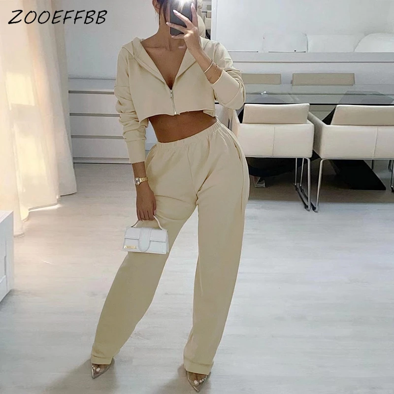

ZOOEFFBB Sexy Two Piece Set Long Sleeve Crop Hoodies Wide Leg Pants Club Outfits for Women Tracksuit Loungewear Matching Set