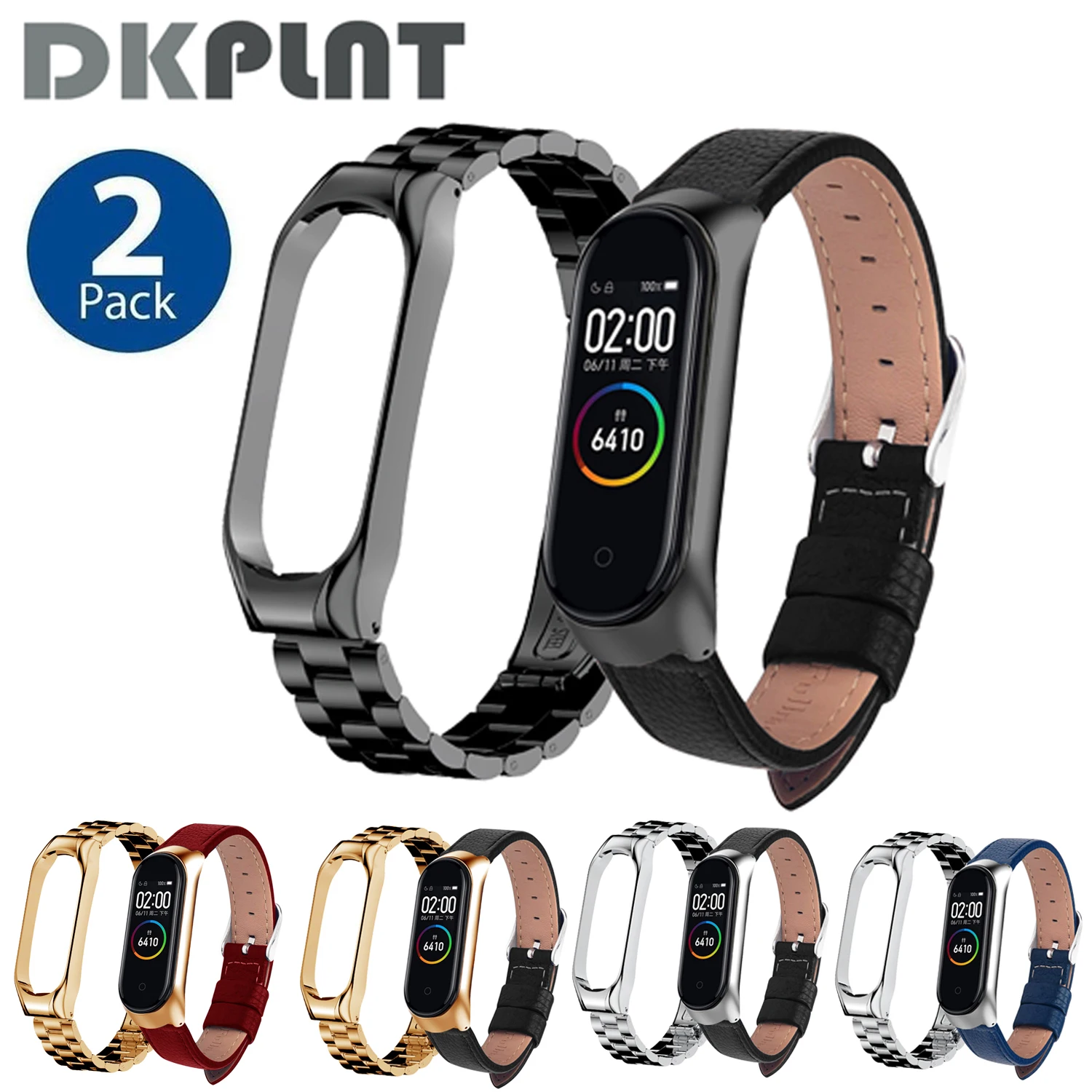 Mi Band 4/5 Strap 2 Pack Metal Stainless Steel & Leather Watch Bracelet For Xiaomi Mi Band 6 Strap Compatible Miband 5 Wristband