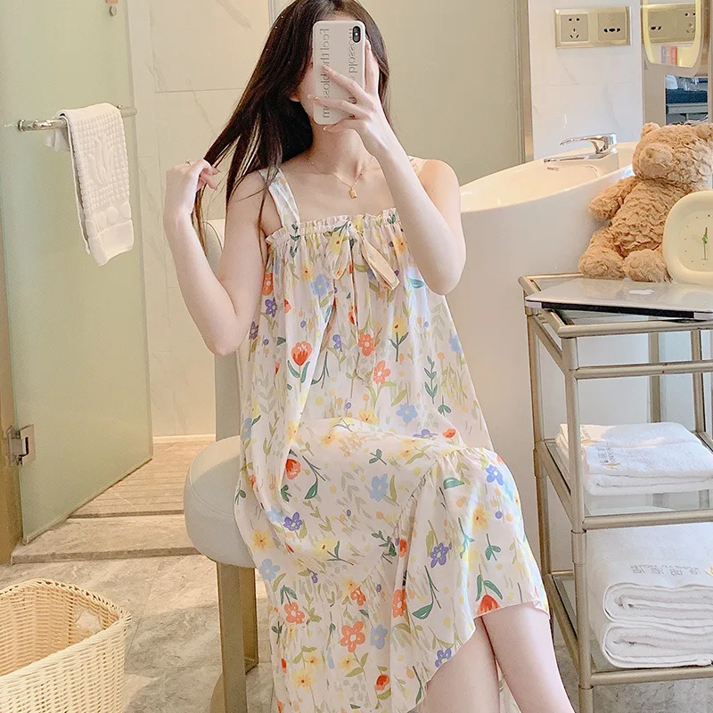 New Women's dresses 2023 Trend Loose Summer Long Length Printing Pajamas Lady's Sling Sexy Nightwear Nightdress For Sleeping