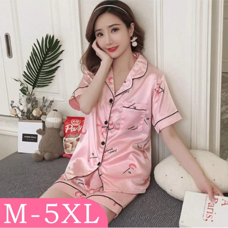 M-5XL Large Size Summer Women Pajamas Satin Pyjama Sets Short Sleeve Two Piece Sleepwear Top Faux Silk Pyjamas Set Sleepwear