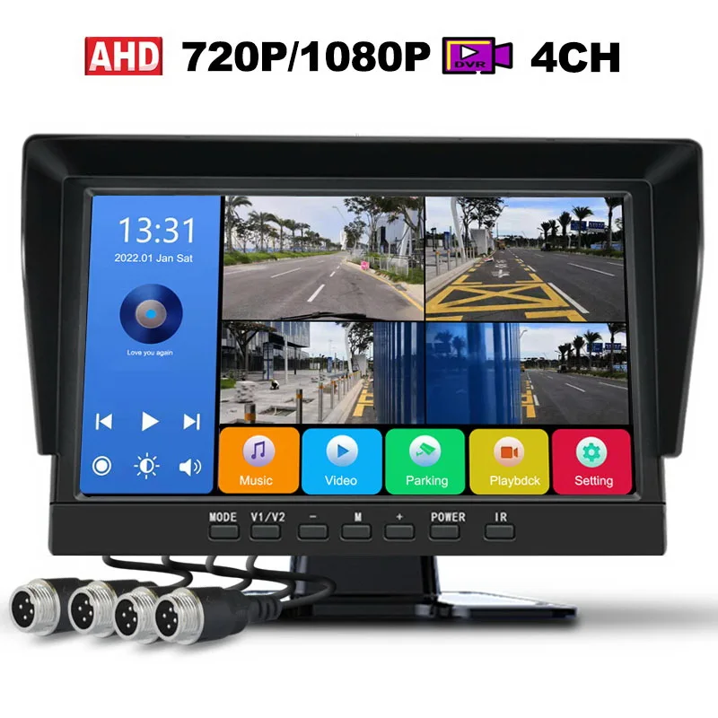 

QXNY 10.1” 4Ch Split IPS Screen 1080/720P Car DVR Recorder Monitor For 4pin AHD Front Rear Backup Camera Truck Bus Trailer RVs