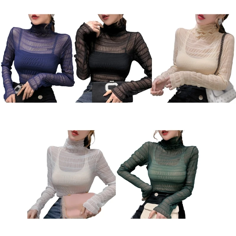 

Sweet Sexy Pleated Long Sleeve Mesh Bottoming Shirts Turtleneck Lace T-shirt Blouse Tops Elegant See-through Shirt Tees
