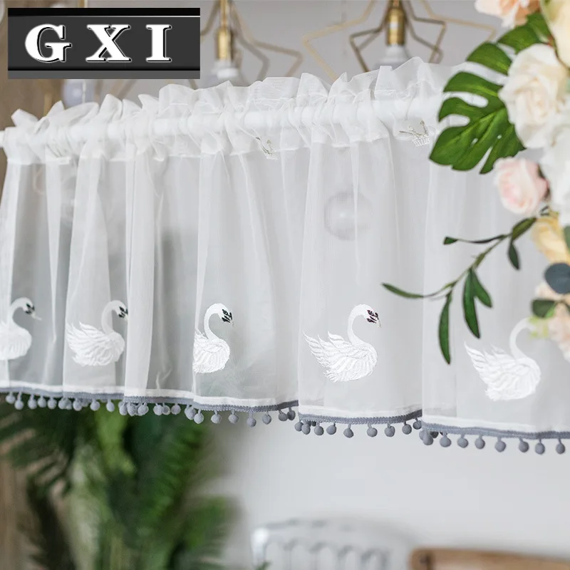 

Pink Swan Lace Bottom Embroidery White Tulle Curtains Simple Modern for Kitchen Study Custom Door Window Short Curtain M062-3