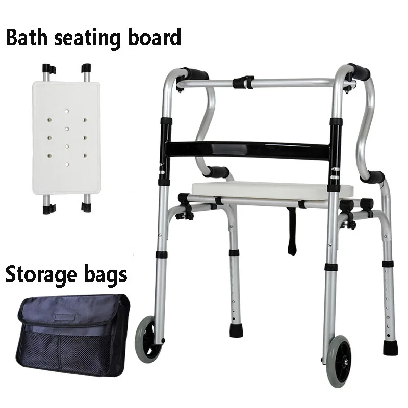 

Foldable Elderly Walker Height Adjustable with Removable Wheels & Bath Seat Bathroom Chair Trolley for Patients and Disabled