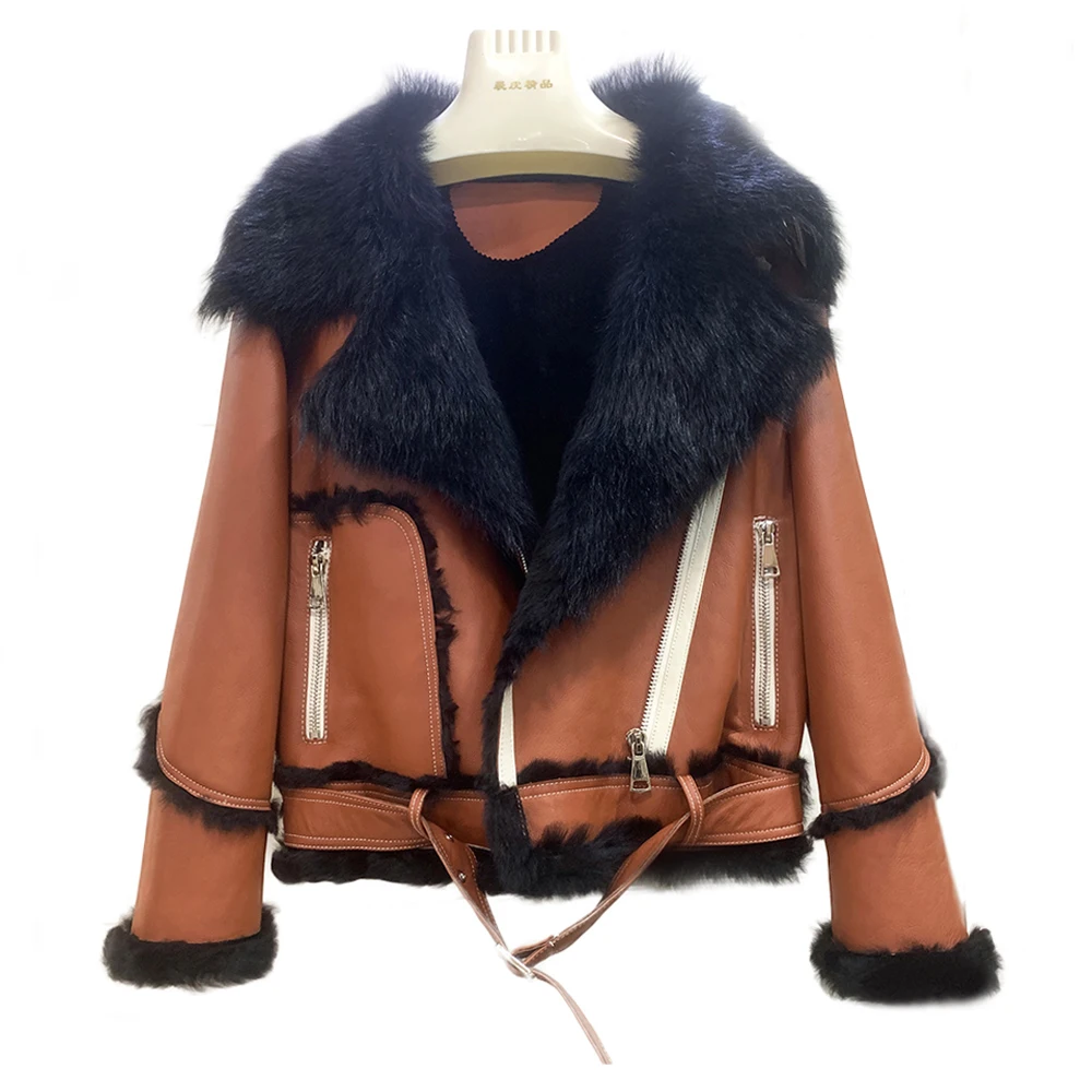 2022 New Double Face Jackets Lady Lamb Fur Lining Genuine Sheepskin Leather Biker Jacket Coats Winter Warm Moto Overcoats 7944