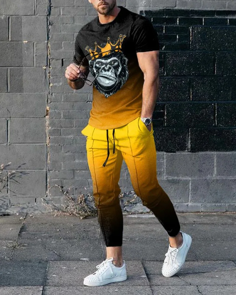 

2023 New Men's Trousers Tracksuit 2 Piece Set Summer Funny Monkey Smiley Short Sleeve T Shirt+Long Pants Street Clothes Oversize