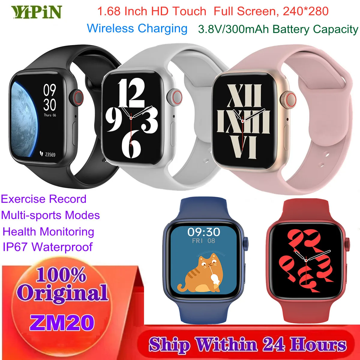 

YHPIN Smartwatch Bluetooth Dial Call ZM20 Smart Wtach 1.68 Inch HD Touch Screen Blood Pressure Fitness Monitor PK IWO 13 HW288