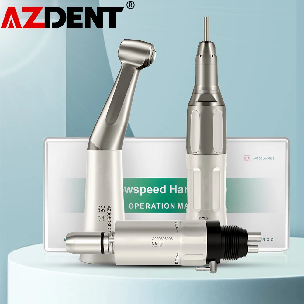 Azdent Dental Handpiece Contra Angle Straight 2/4 Hole Air Motor Push Button  Low Speed