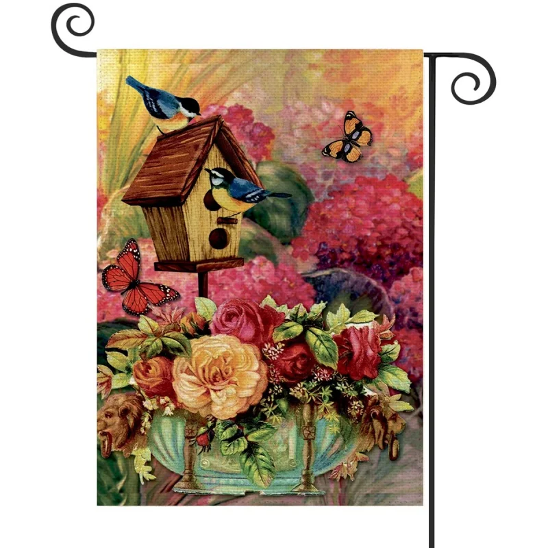 

1PC Birds nest birds flower butterflies Pattern Linen Cotton Garden Flag Banner Indoor Outdoor Home Garden Hanging Decor