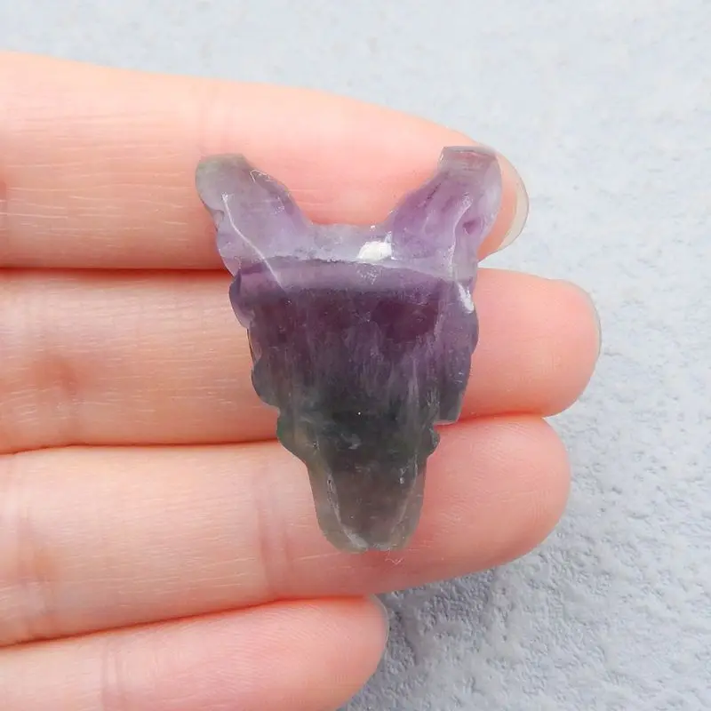 Natural Stone Rainbow Fluorite Handcarved Wolf Head Side Drilled Necklace Pendant 32x21x12mm 9g