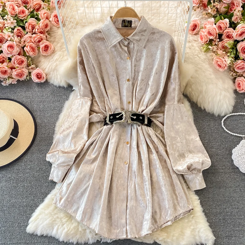

Korean Casual Puff Sleeve Drawstring Dress Women's Retro Skirt Spring and Autumn Temperament Lapel Chic Button A-line Dress