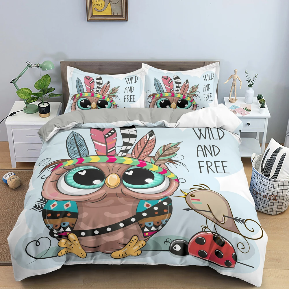 Cartoon Owl Duvet Cover King Queen Cute Night Animal Bedding Set for Kids Boys Girls Boho Style 2/3pcs Polyester Comforter - купить по