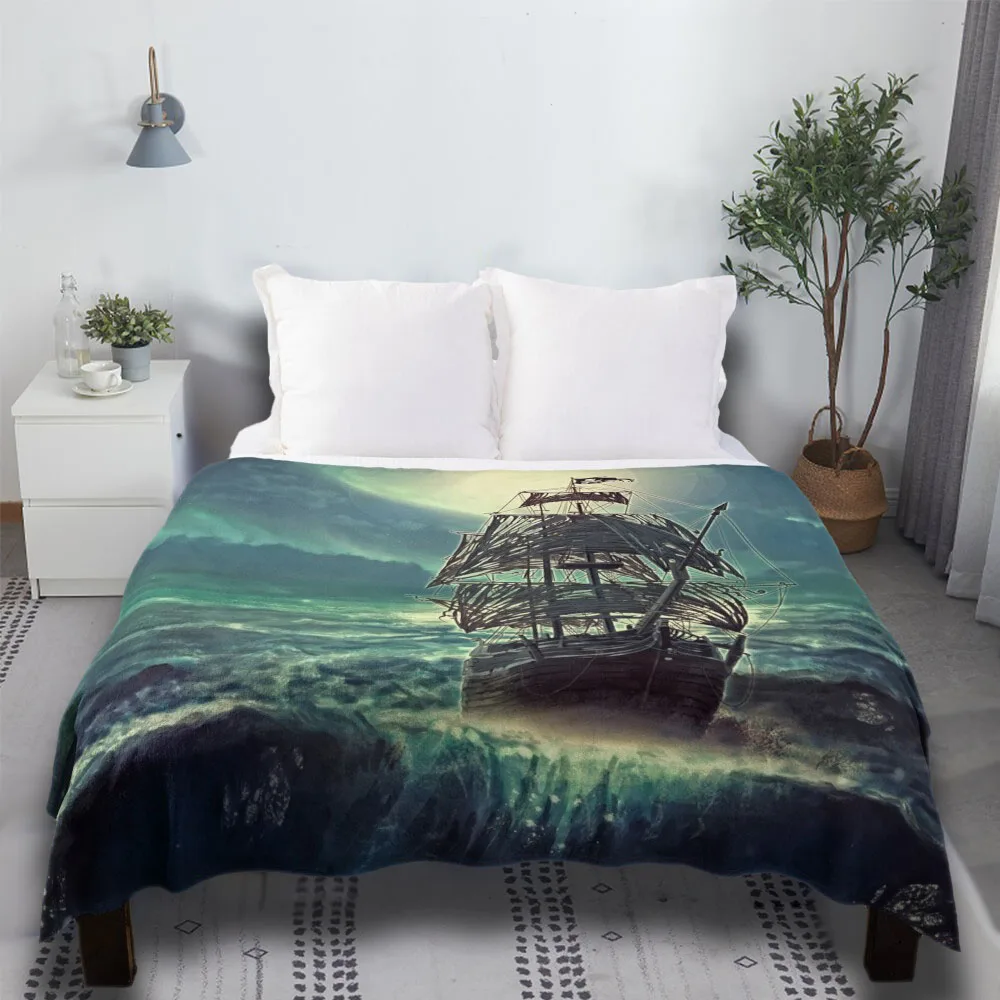 

Ghost Pirate Ship At Night Boho Bedding Softest Fluffy Weighted Vintage Style Throw Blanket