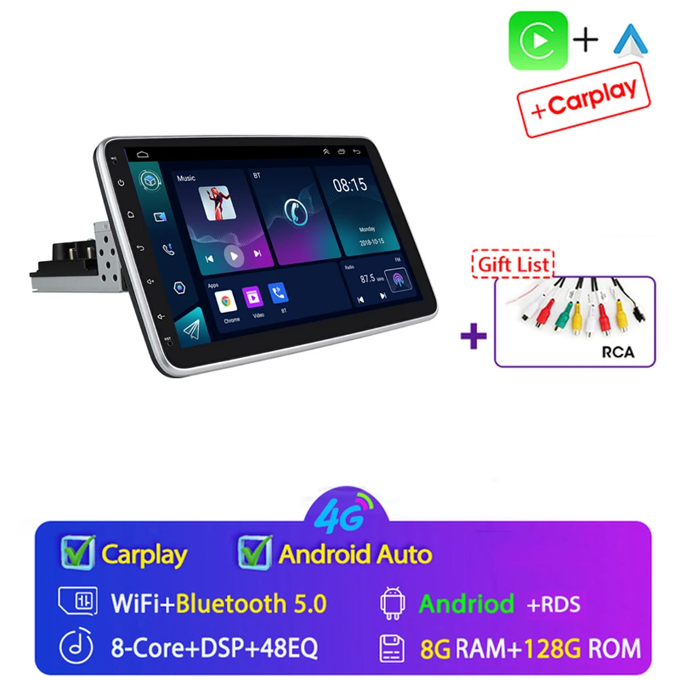 

10,1-дюймовый Android 15, поворотный экран Android, автомобильное радио, 1Din Carplay, авторадио, мультимедийный плеер, 4G + WIFI BT, GPS-навигация, авторадио