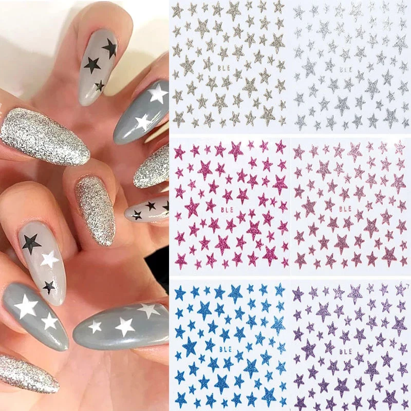 

1 Sheet Glitter Shiny Star Nail Stickers 3D Nails Slider Stickers Decoration Decal DIY Transfer Adhesive Colorful Nail Art Tips