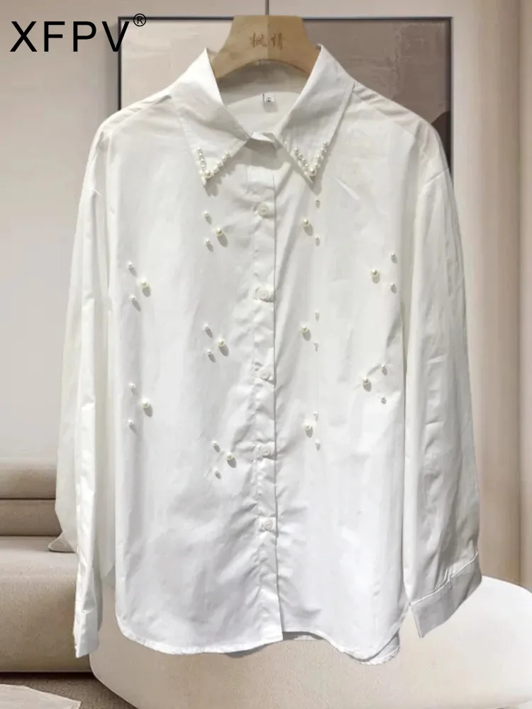 XFPV Женская свободная модная блузка с вышивкой бриллиантами легкие рубашки
