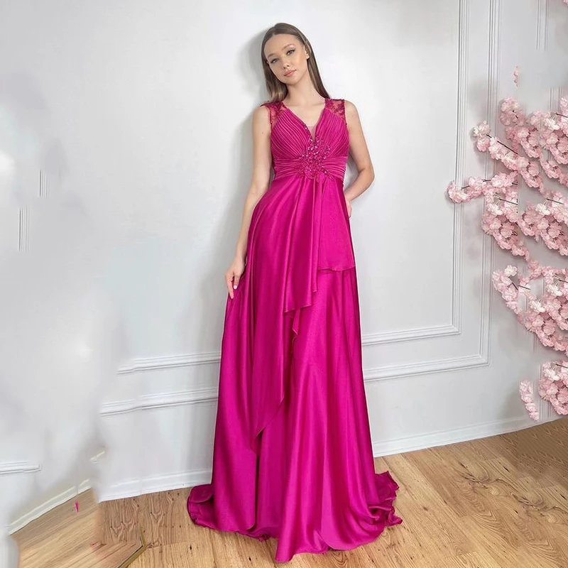 

Rose Red V-Neck Sleeveless Vestido De Novia Beading Lace Party Evening Gown Sweet A-line Prom Dress 2023 فساتين مناسبة رسمية