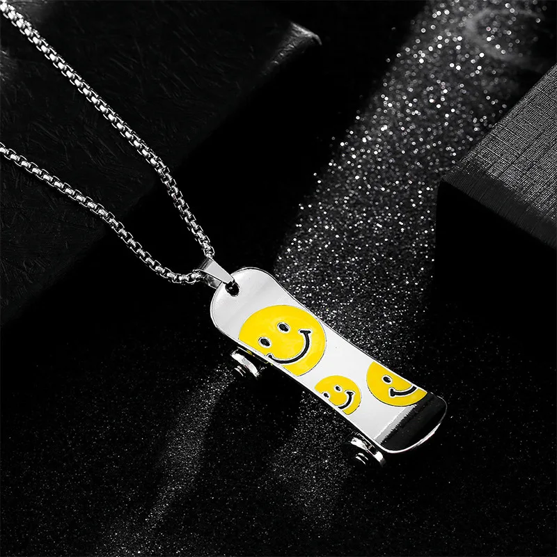 

new kpop fashion hip hop smiley face skaterboard pendant necklace for men women streetwear stainless steel choker collar collier