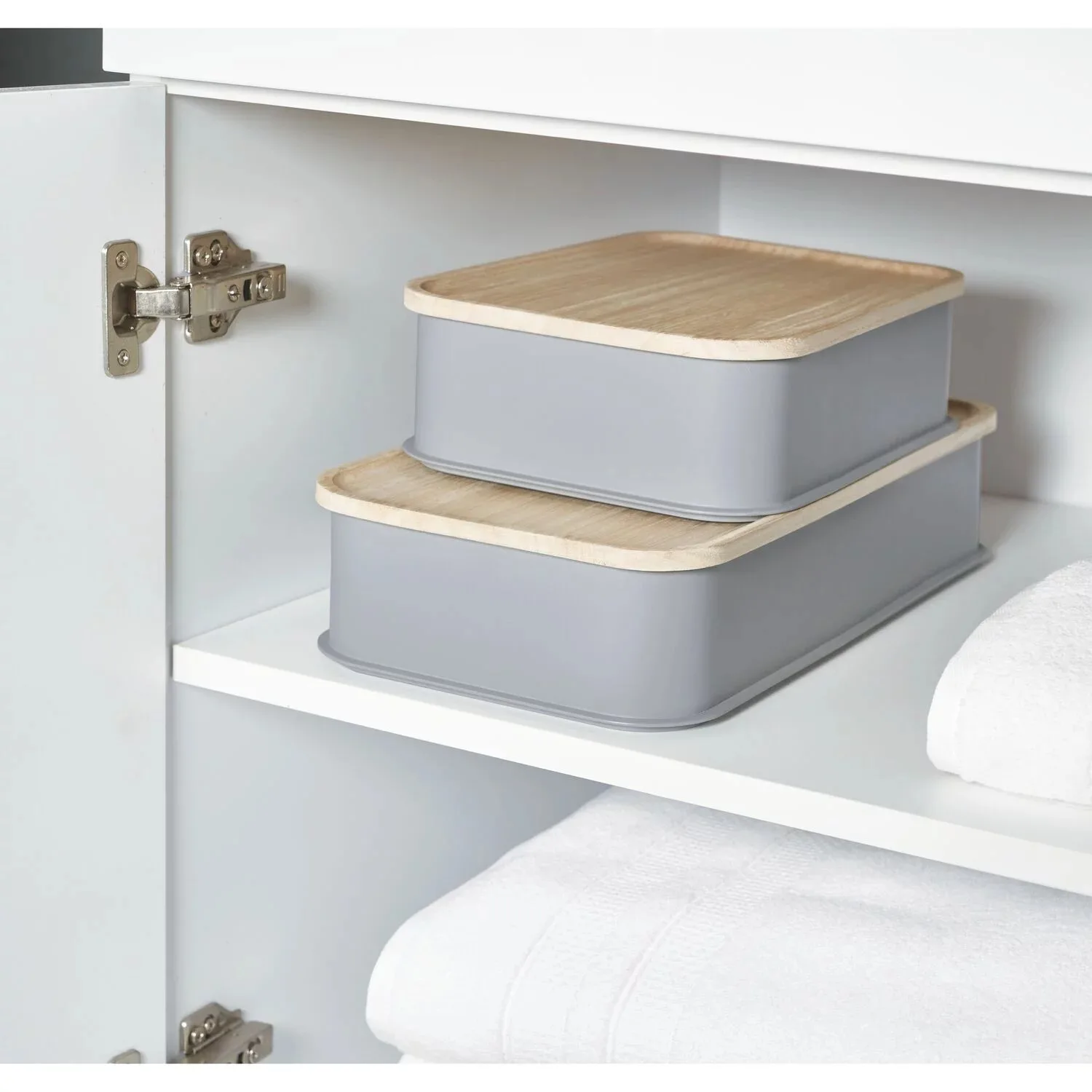 

Recycled Plastic 11.9" Medium Storage Bin with Paulownia Wood Lid, Gray Closet Organizer Home Organization and Storage