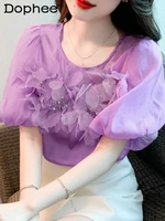 exquisite flowers beaded short sleeve top woman 2022 summer fashion round neck puff sleeve shirt new purple blouses