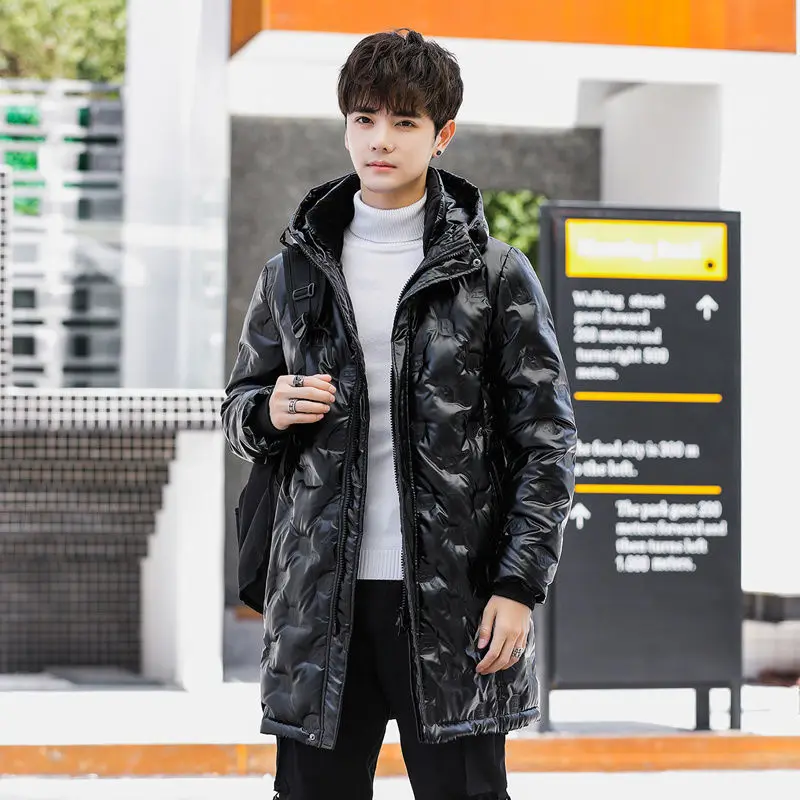 Winter authentic long down jacket bright face men's long winter white eiderdown down jacket Korean version, thickened warm hoode