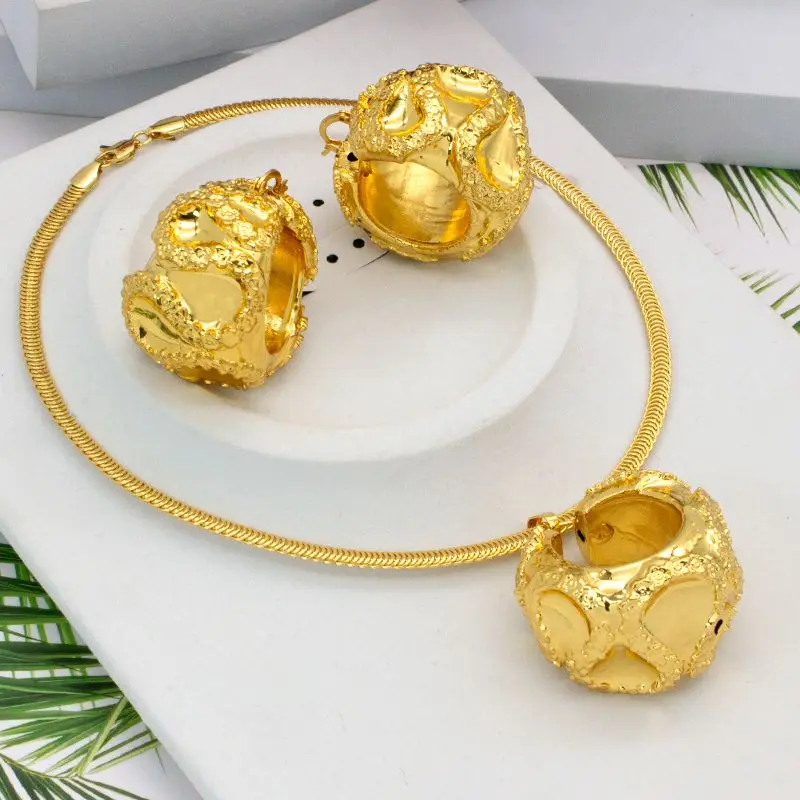 

Jewelry Set For Women Round Hoop Earrings Pendant Neckalce Sets African Dubai Golden Nigerian Accessory 24K Gold Plated Jewelery