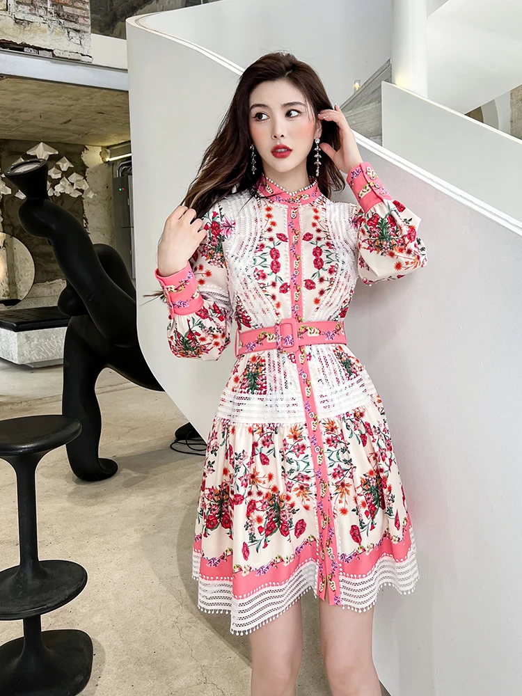

Delocah High Quality Spring Women Fashion Designer Mini Dress With Belt Long Lantern Sleeve Floral Printed Shirts Style Dresses