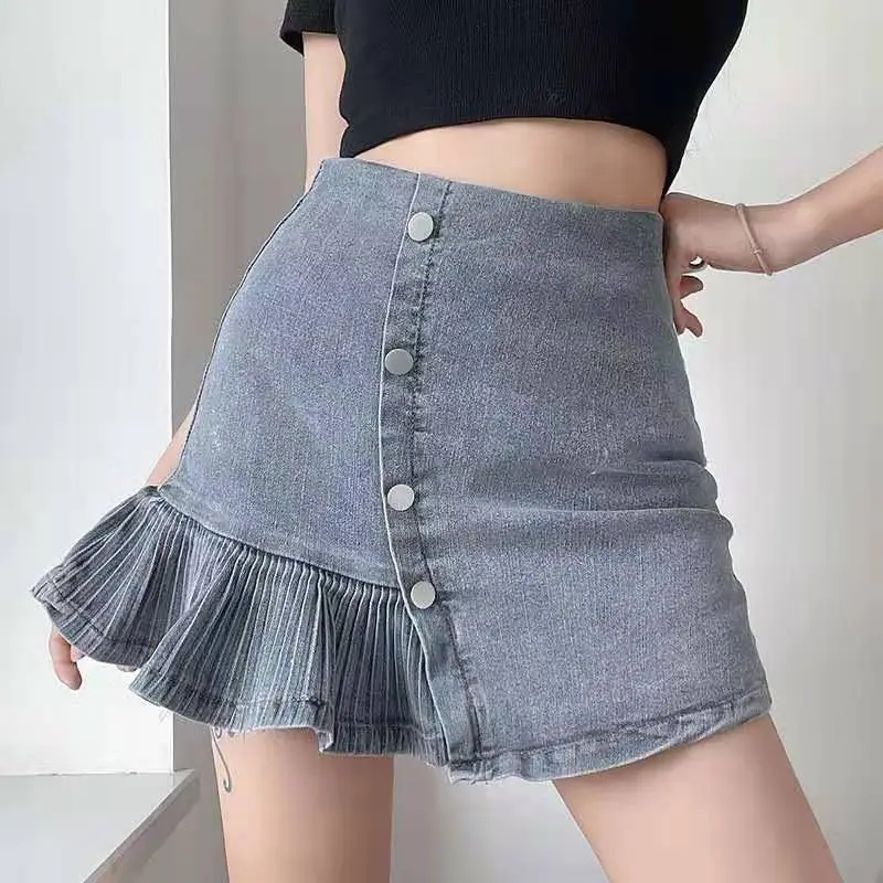 Harajuku Punk Y2K Denim Mini Pleated Skirt Ladies Summer High Waist Jeans Shorts Skirts Women Ladies Ruffles Fashion Korean