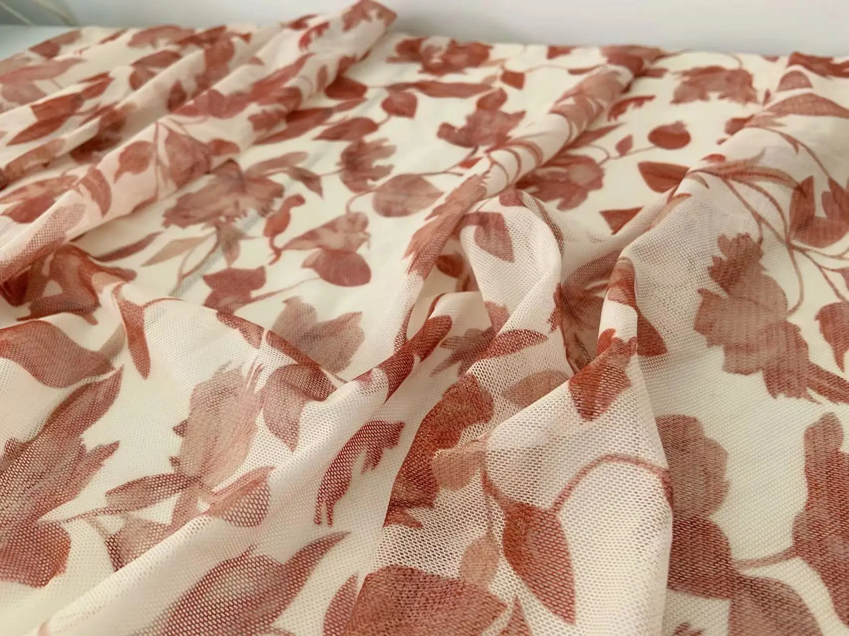 

Elastic Tulle Lace Fabric Dyed Red Maples 4 Way Stretch Smooth Mesh,Well Drape Netting for Wedding Sexy Lingerie Decor