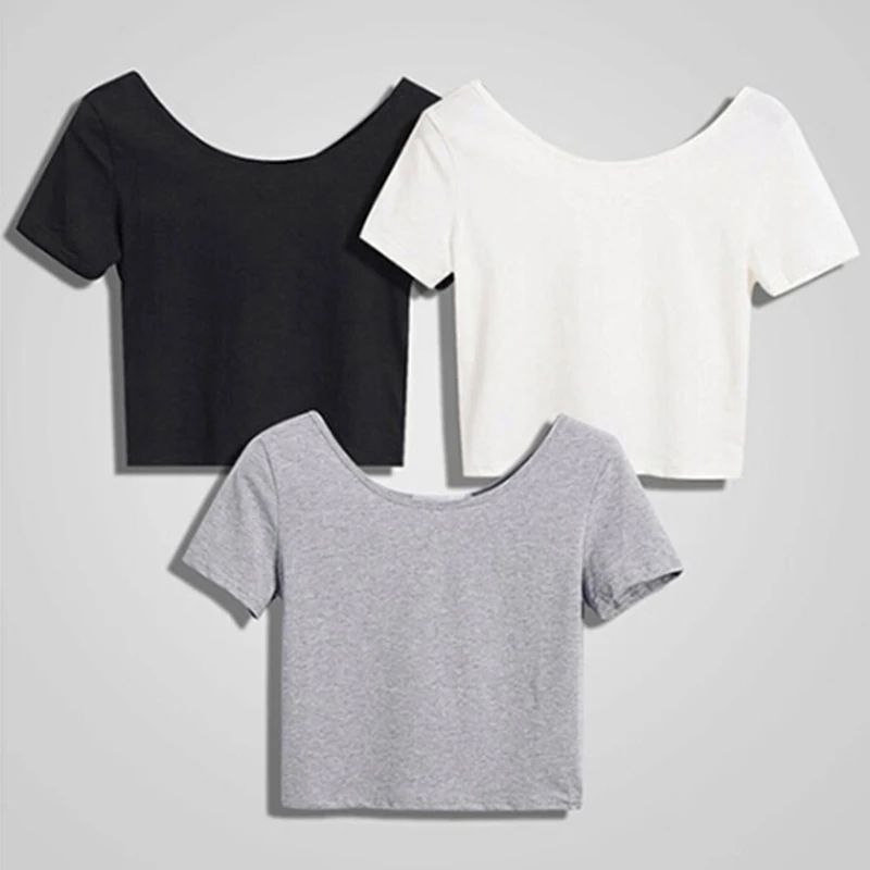 

2022 Summer Women T-shirts Short White Tees Tops Casual O Neck Crop Tops Short Sleeve Bare Midriff Bottom T-Shirts Female