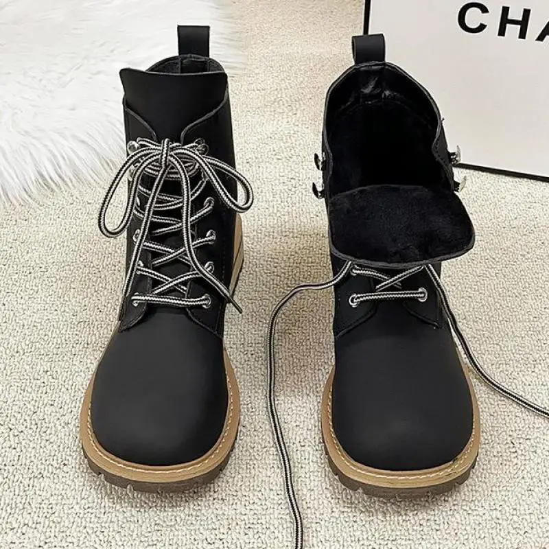 

Женские ботильоны 2022, Зимние новые модные уличные ботинки на шнуровке с круглым носком, Нескользящие, на платформе, повседневные женские ботинки