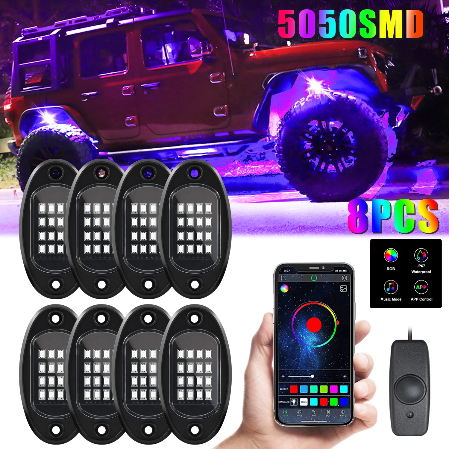 

8 In 1 Car RGB LED Rock Light High-Brightness Bottom Neon Music APP Multi-Color Neon Bottom Car Lighting Kit