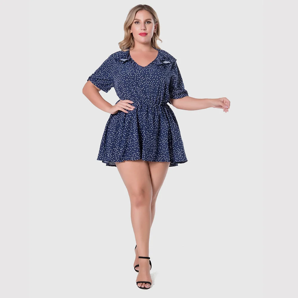 

Plus size white women's V-neck waist closing Fashion wave large dot top Ruffle temperament commuter shirt