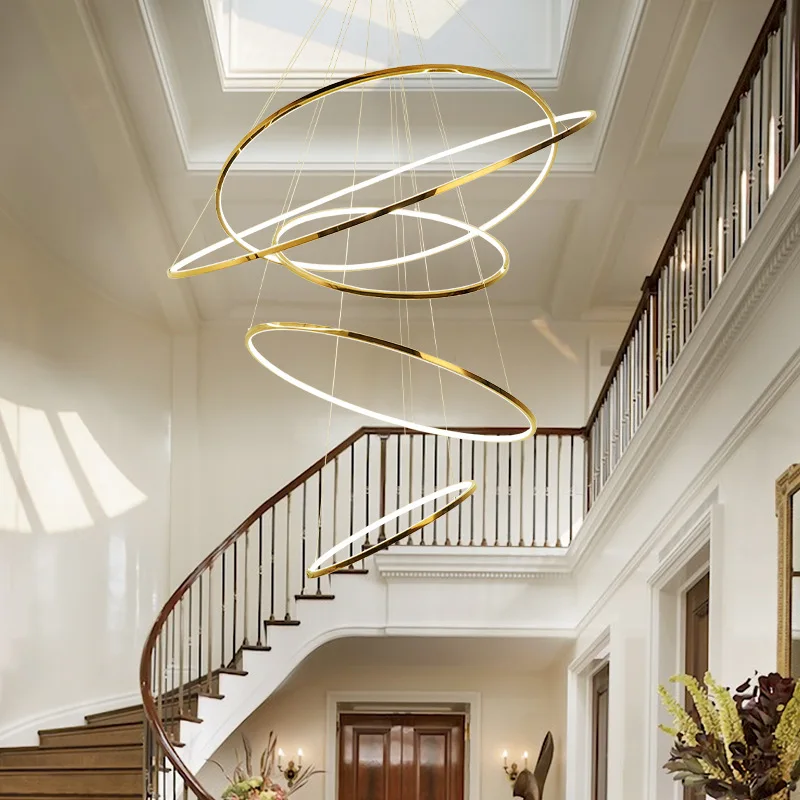 

European Stainless Steel Pendant Lights LED For Restaurant Duplex Staircase Bar Postmodern Contracted Gold Ring Hanglamp