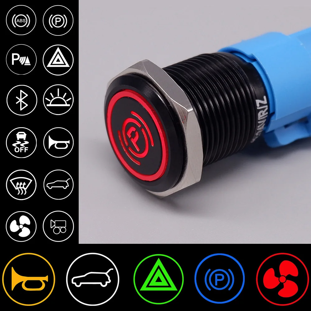

16mm Customization Metal Oxide Black Push Button Switch Lamp Latching/Momentary Fans Horn Light for Car Symbols Red Blue Green