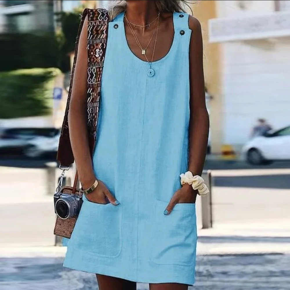 

Women Dress Pocket Button Cotton Linen Strap Dress 2021 Summer Good Quality Big Clothes Wear Bodycon Sexy Beach Ladies Dres