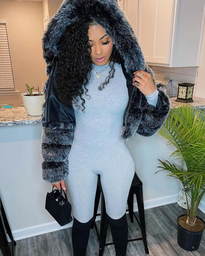 Fashion Autumn Winter High Quality Faux Fox Fur Coat Women 2023 Vintage Long Sleeve with Cap Slim Short Jackets Furry Coat Femme