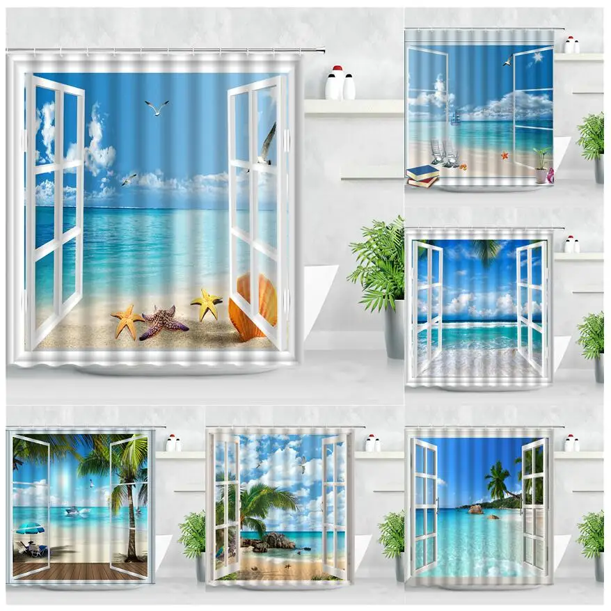 

Cortina de ducha de paisaje Tropical 3D, ventana abierta, Océano, playa, estrella de mar, Concha, palmera, paisaje impermeable,