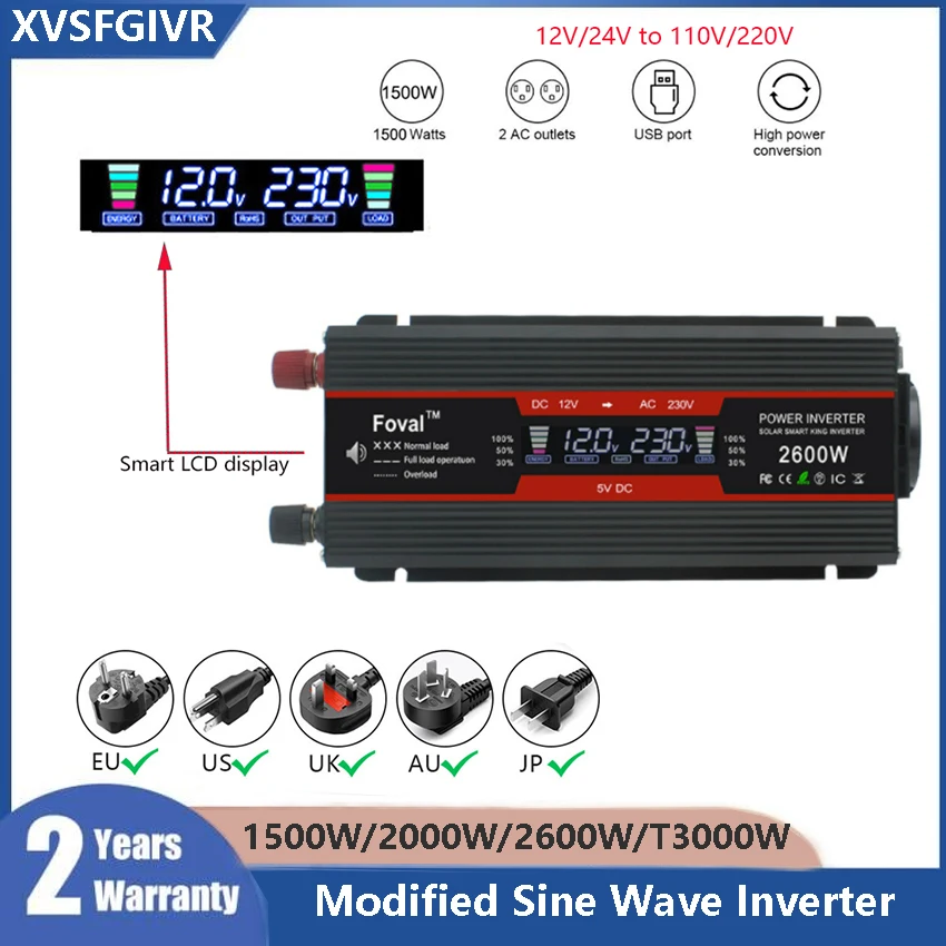 

2600W 3000W LCD Car Inverter 12V to 110V 220V Portable Power Inverter European Standard Car Inverters LED Voltage Display